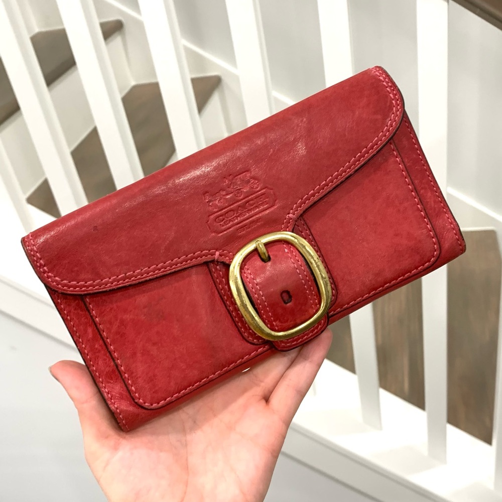 COACH✨Bleecker Legacy Tattersall Buckle Deep Pink Leather Long Trifold Wallet